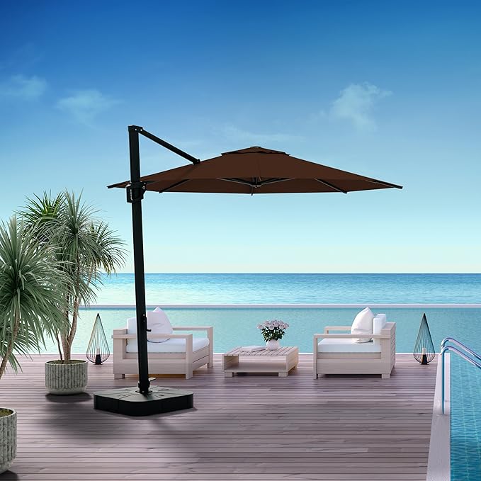Midtown Umbrellas 10 Ft Outdoor Cantilever Patio Umbrella w/Sunbrella Bay Brown - Tilt 360° Rotate Offset Patio Umbrella, Deck Patio Umbrella, Backyard Umbrella & Garden Umbrella - Black Frame