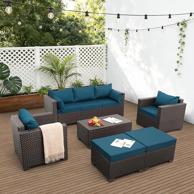 Patio Outdoor Furniture Conversation Sets 6 Pieces Wicker Sofa Set with Outdoor Couch Patio Chairs and Storage Table Non-Slip Cushions Waterproof Covers, Peacock Blue