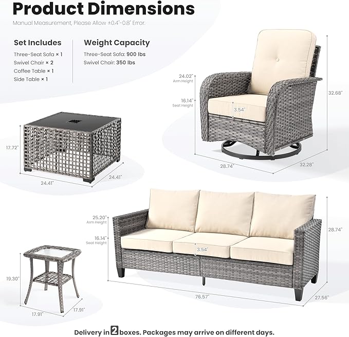 ovios 5 Pieces Patio Furniture Set, Outdoor Wicker Sofa Couch with Rocking Swivel Chairs Solar Lights Table, Modern Deep Seat Rattan Conversation Sets for Deck Porch, Beige