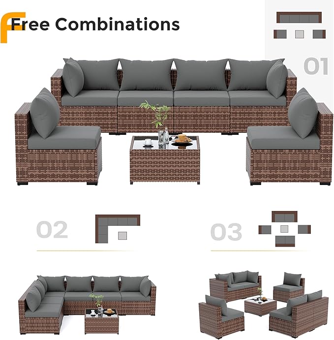 UDPATIO Furniture Set, 7 Piece Sectional Sofas with Wicker Coffee Table, Conversation for Garden, Backyard, Dark Grey
