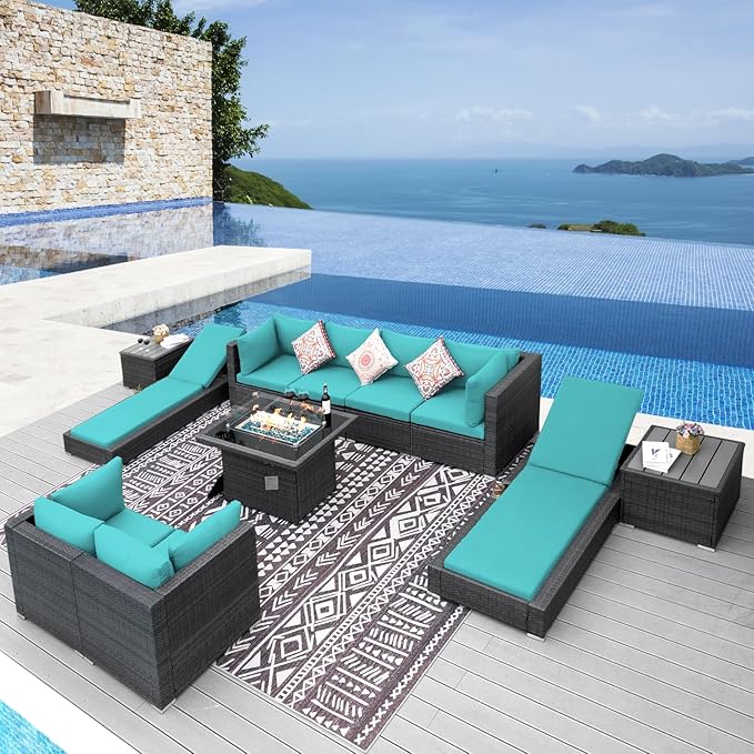 NICESOUL 11 Piece Sectional Patio Set with Loungers, Backyard Seating with Firepit, Comfy 29.3'' High-Back Deep Outdoor Couch Sofa, Heavy Duty All-Weather Wicker Furniture for Exterior, Grey & Teal