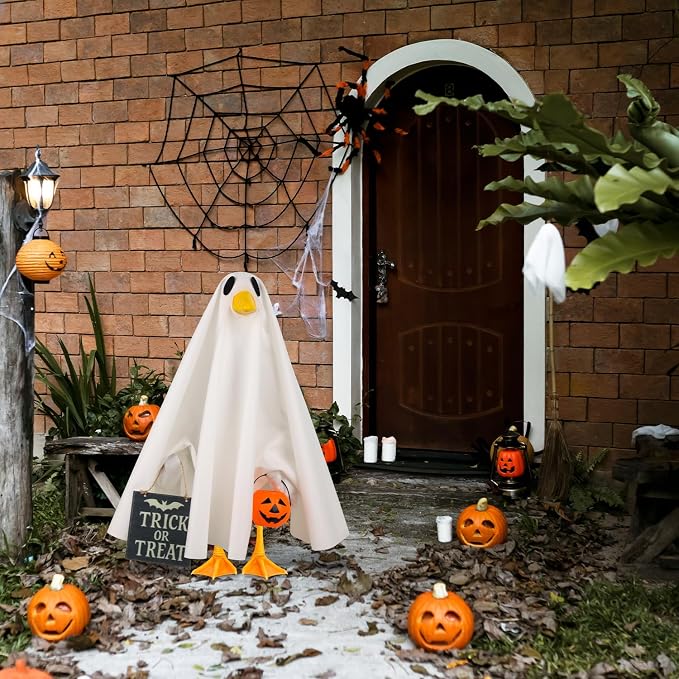 Halloween Goose Outfit Ghost Porch Goose Costume for Outdoor Decor | for 23'' Plastic/Cement Statues, Yard Statue Clothes Silly Lawn Goose Costume Patio Lawn Decor