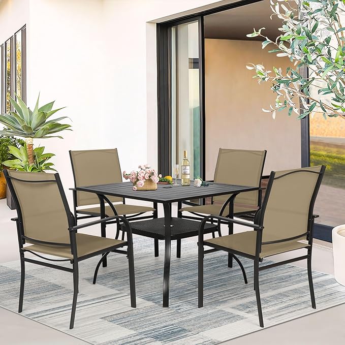5-Piece Patio Dining Set,4 Person Outdoor Table and Chairs Set, 4 Metal Dining Chairs and Square Outdoor Table with 1.57" Umbrella Hole,Khaki