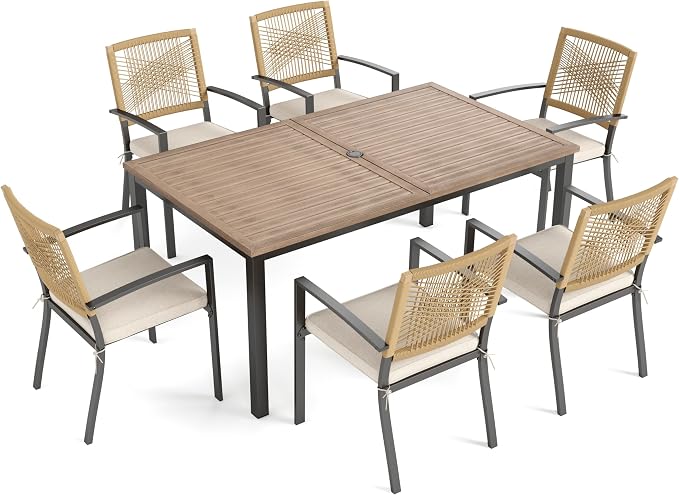 PHI VILLA Outdoor Dining Set for 4, Wood-Like Table, Wicker Chairs | Outdoor Dining Set for 6, Rectangular Patio Dining Table Set with Patio Wicker Chairs for Garden, Porch, Deck