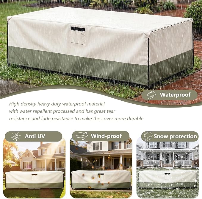 Bitubi Rectangular Patio Table Cover - Heavy Duty 600D Tough Canvas Waterproof Outdoor Dining Table and Chairs Universal Furniture Cover Size 111L x 74W x 28H inch, Beige