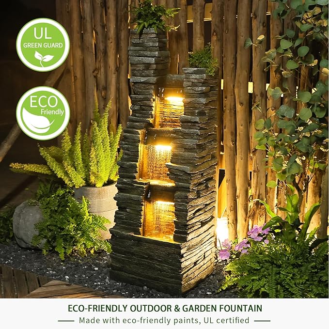 Bumilgar 47 in High Water Fountain Outdoor Garden 3 Tier Cascading Large Outdoor Fountains and Waterfalls with LED Lights for Garden, Patio, Backyard, Deck, Porch and Home Art Decor, Natural Stones