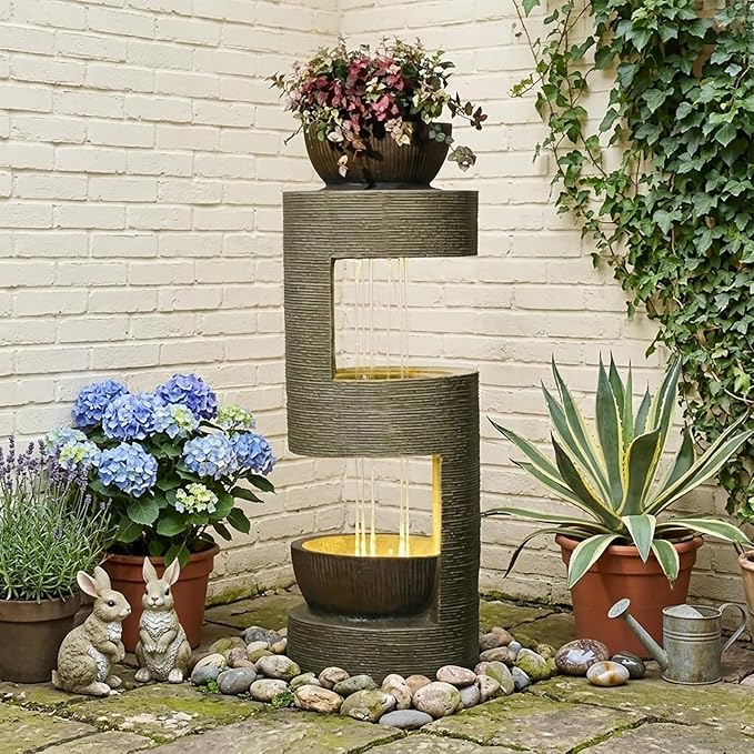 Sunlinua 33" H Modern Outdoor Water Fountain Cascading Realistic Rock Waterfall Fountains with LED Warm Lights Outdoor Water Fountain for Garden Patio Backyard Porch Home Decor Brown