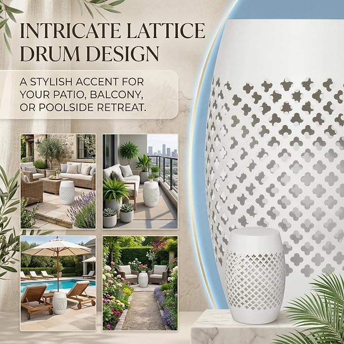 12.5" Steel Outdoor Side Table, Hollow Drum Metal Patio End Table & Ambient Lantern, Decorative Geometric Accent Table for Garden, Balcony and Poolside, No Assembly, White