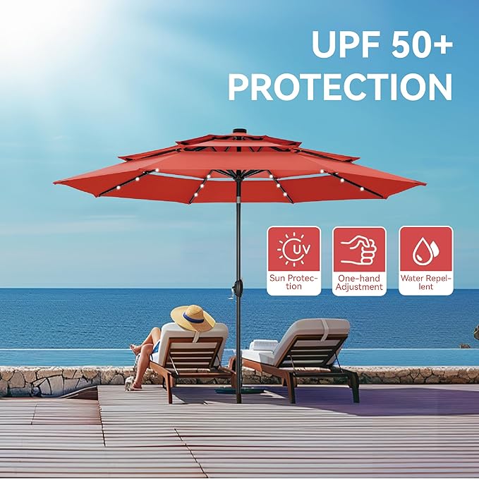 GREEN PARTY 10ft Patio Umbrella with Solar Lights, Auto-Tilt Lighted Market Table Umbrellas with Crank, 8 Sturdy Ribs & 1.5" Pole outdoor umbrellas for Patio Garden Deck Backyard Pool, Orange Red