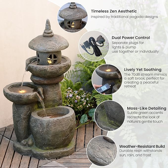 Tankana 32 inches Water Fountain Outdoor Pagoda Japaness Zen Water Fountains Garden Patio Freestanding Water Feature with LED Lights for Backyard Deck Porch Home Decor, Gray