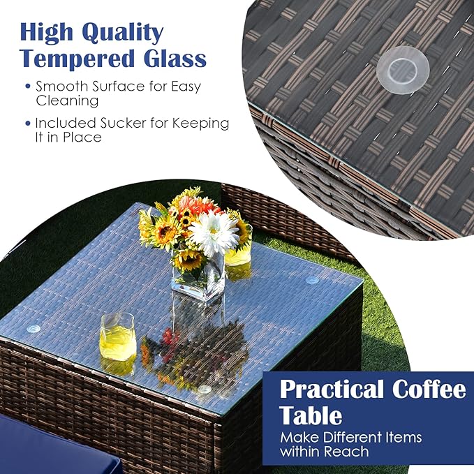 RELAX4LIFE 8-Piece Patio Furniture Set - Rattan Wicker Sectional Sofa Set w/Cushions, 32’’ Outdoor Gas Propane Fire Pit Table & Tank Holder, 40000 BTU Heat Output, PVC Cover for Firepit (Navy)