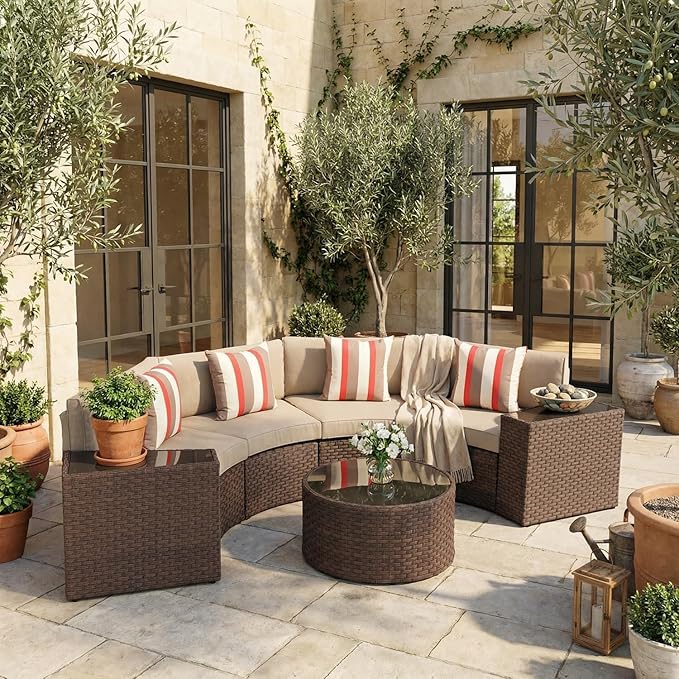 SUNSITT Outdoor 7-Piece Half-Moon Sectional Furniture Set with Round Coffee Table, Patio Curved Sofa Set, Beige Cushion and Brown Wicker, Incl. Waterproof Cover