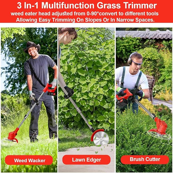 3-in-1 Cordless Grass String Trimmer, Brush Cutter & Edger Lawn Tool with 2X 24V 4.0Ah Li-ion Batteries, Telescopic Shaft and 17 Replacement Blades for Lawn Care, Garden & Yard Trimming (Red)