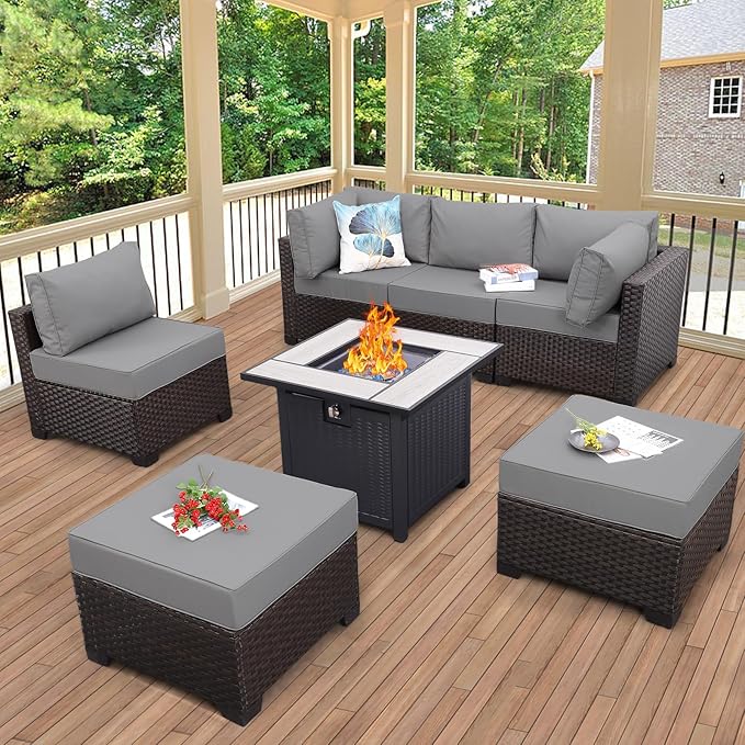 WAROOM Outdoor Patio Furniture Set 7 Pieces Wicker Sectional Sofa Brown Rattan Conversation Couch with Square Gas Fire Pit Table, Anti-Slip Thick Grey Cushion
