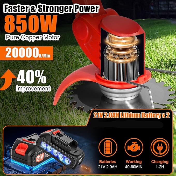 Electric Weed Wacker Cordless, 21V Lightweight Weed Wacker Battery Powered Brush Cutter, 3-in-1 Grass Trimmer/StringlessWeed Trimmer/Edger with Wheels&3Types Blades for Lawn, Garden & Yard
