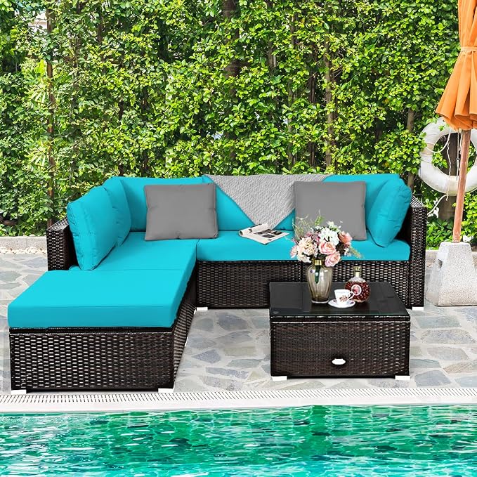 RELAX4LIFE 6-Piece Patio Sofa Set - Outdoor Sectional Sofa Set Wicker Conversation Set w/Table & Removable Cushions, Modular Sofa Set Patio Furniture for Backyard, Poolside, Balcony (Turquoise)