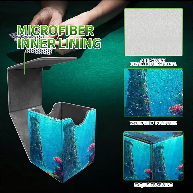 Underwater Castle Card Deck Box for MTG, Personalized Card Storage Case Fits 120+ Sleeved Cards, Premium Leather TCG Box with Strong Magnetic Closure for Magic, CCG, PTCG, Baseball Cards