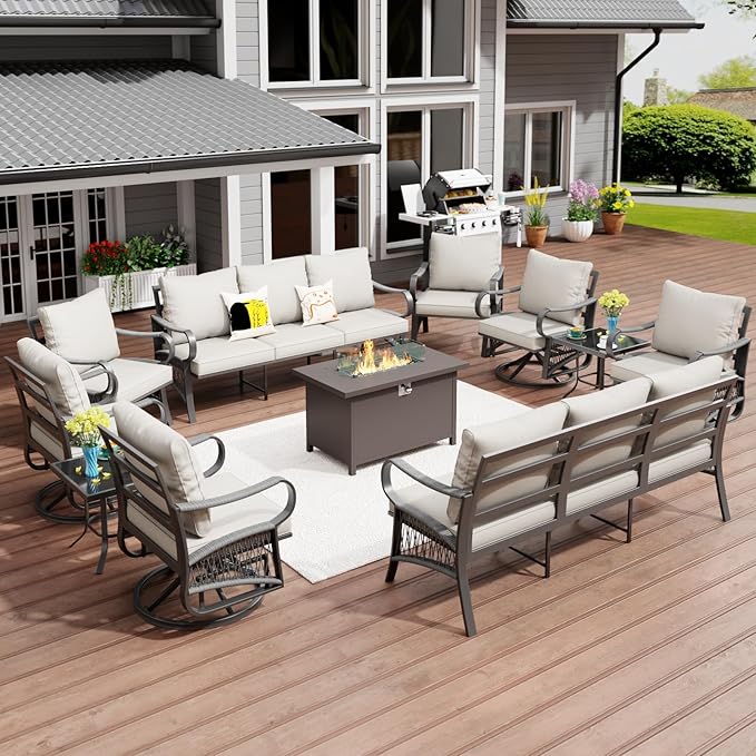 11 Piece Patio Furniture Set, All Weather Metal Outdoor Conversation Set with 50000 BTU Propane Fire Pit Table and 5" Thick Cushions, Sectional Sofa for Garden, Porch, Lawn, Beige