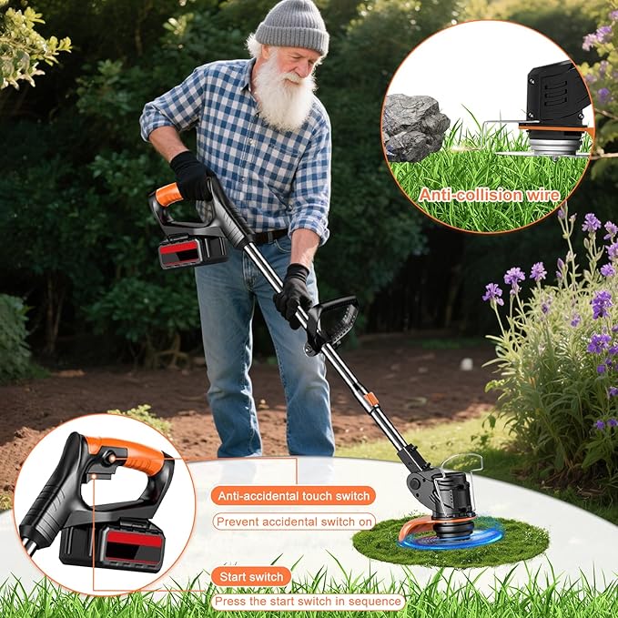 Electric Weed Wacker String Weed Eater Cordless Grass Trimmer 21V Battery Powered String Trimmer with 2x2.0ah Battery and Charger Brush Cutter/Edger/Mower with 3 Types Blade for Garden Lawn(Black)