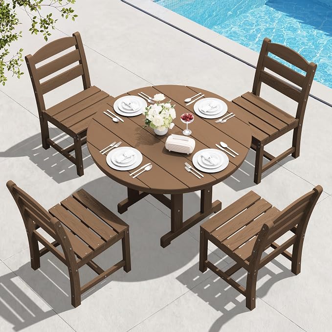 SERWALL 6-Piece Patio Dining Sets, HDPE Outdoor Table and Chairs Furniture Set with Umbrella, 45" Round Dining Table & 4 Armless Dining Chairs & 1 9FT Umbrella, Brown(Not Include Umbrella Base)