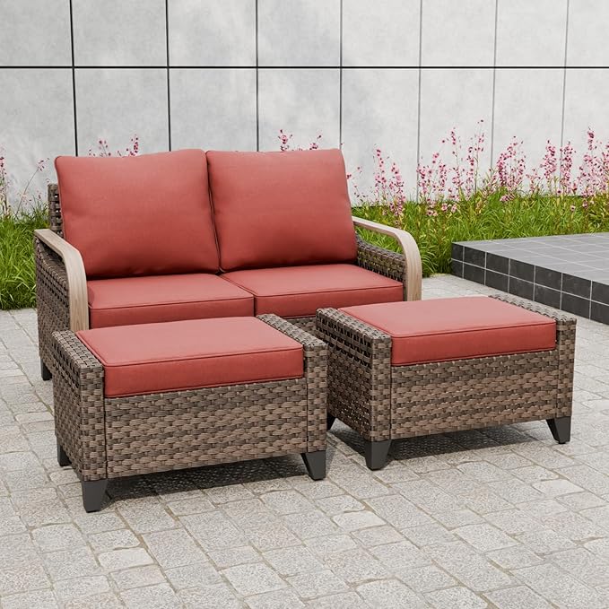 Modern Wicker Patio Furniture Set, Rattan Outdoor Conversation Set with Comfortable Cushions, 2 Seat Loveseat and 2 Ottomans, 3 Pieces, Brown/Red