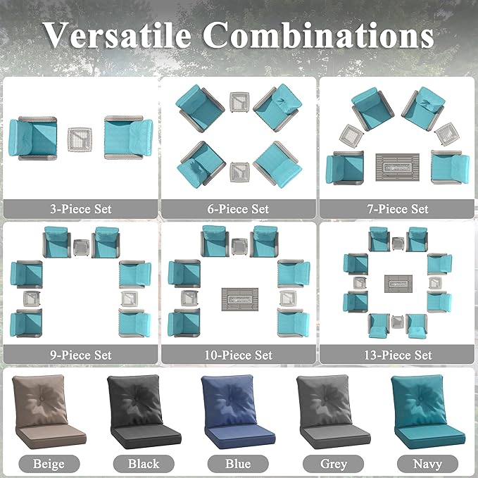 3 Piece Wicker Patio Furniture Set, Swivel Rocking Chairs with 4''Cushions, PE Rattan, Rust Resistant Frame, Double Layer Glass Side Table, for Backyard, Deck or Balcony, Blue