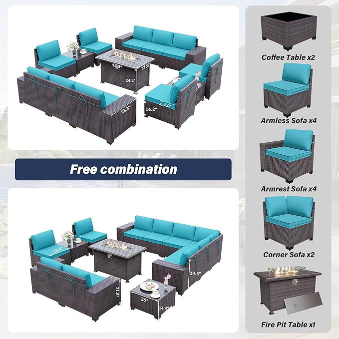 Patio Furniture Sectional Sofa Set 13PCS PE Rattan Patio Conversation Set w/43in Gas Fire Pit Table, Outdoor Furniture with 55000 BTU Propane Fire Pit, Blue