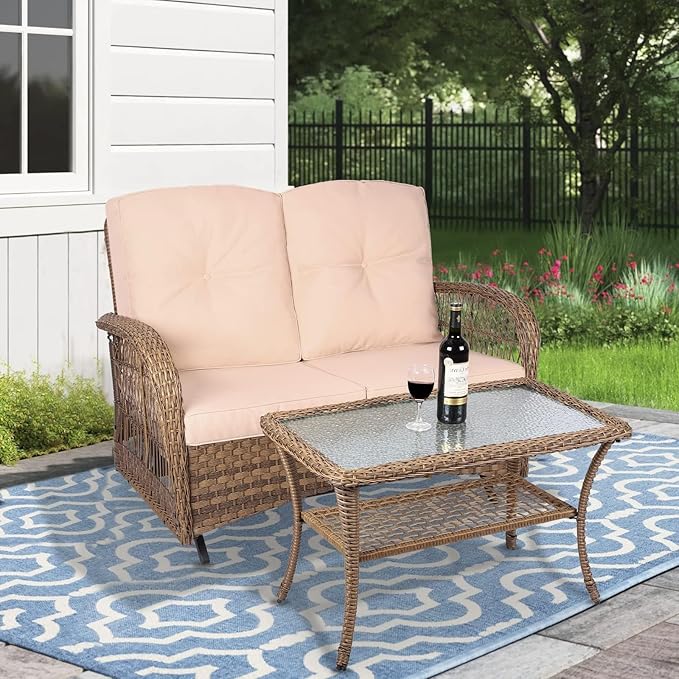 MEETWARM Outdoor Wicker Patio Glider Set, Loveseat for 2 Person Porch Furniture Glider with Glass-Top Coffee Table, Patio Glider Rocking Bench with Thickened Cushions, Brown