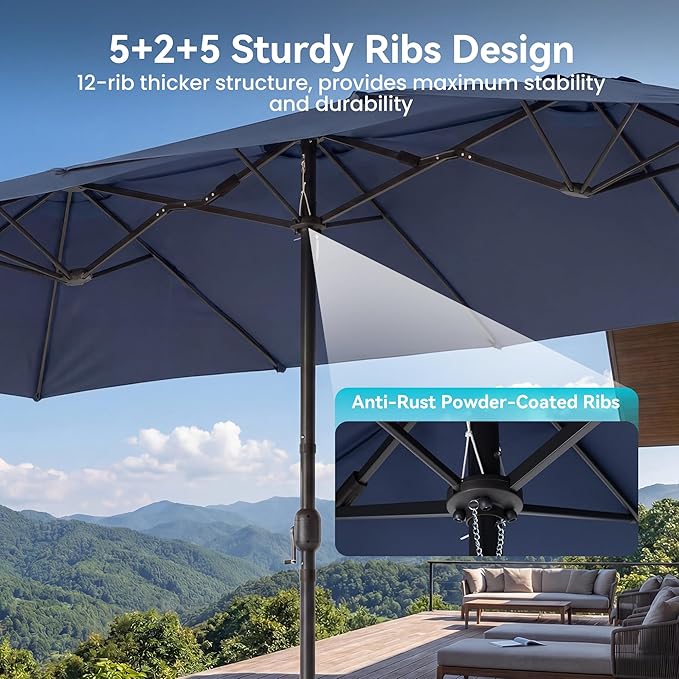 COSIEST 15FT Patio Umbrella with Base Included, Outdoor Double-Sided Table Umbrella,Large Rectangular Market Umbrella w Crank Handle for Garden, Pool, Deck Shade, Navy Blue