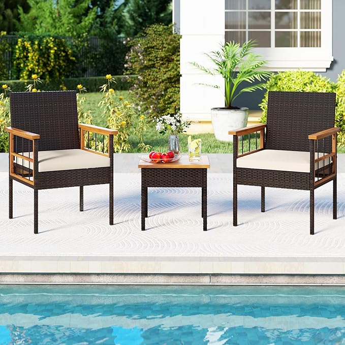 Tangkula 3 Piece Outdoor Wicker Conversation Furniture Set, Patio Rattan Cushioned Chair & Side Table Set with Acacia Wood Tabletop & Armrests, for Backyard, Porch, Balcony