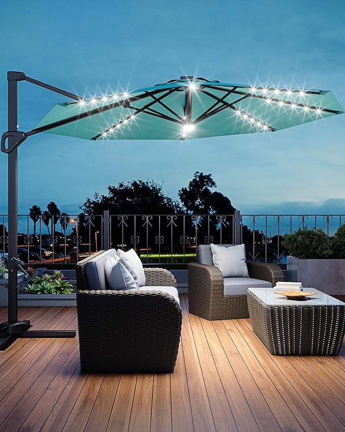 GarveeLife 10FT Patio Umbrella Outdoor Solar LED Large Cantilever Umbrella Market Sun Shade Windproof Offset Umbrella with 360-Degree Rotation for Garden Deck Pool Patio