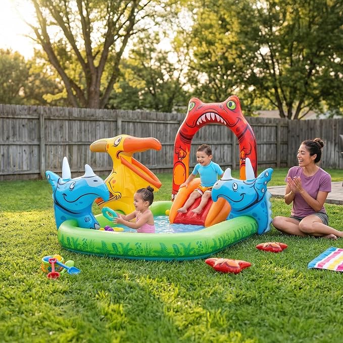 H2OGO! Jurassic Splash Inflatable Water Play Center, 7'11" x 55" x 54" Kids Outdoor Activity Center with Water Archway Slide, Games, & Splash Pool