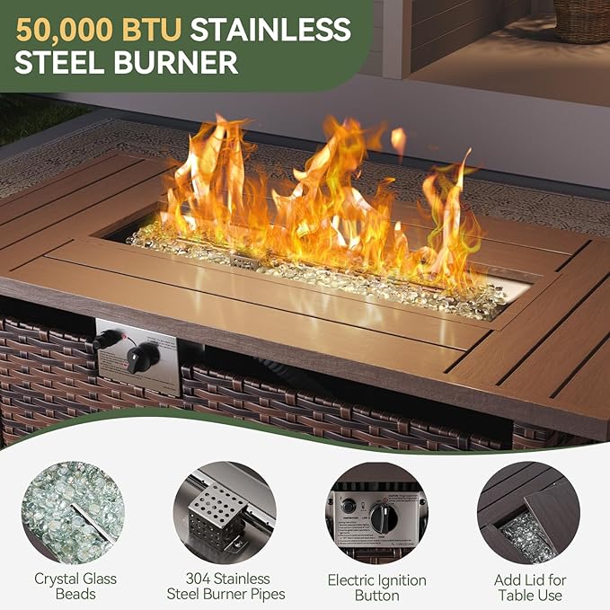 Aoxun Outdoor Patio Furniture Set with 44'' Fire Pit Table, 7 Pcs Outdoor Patio Furniture Sets with 4in Thicken Cushion, Widen Armrests Wicker Outdoor Sectional for Backyard (Waterproof Cover Include)