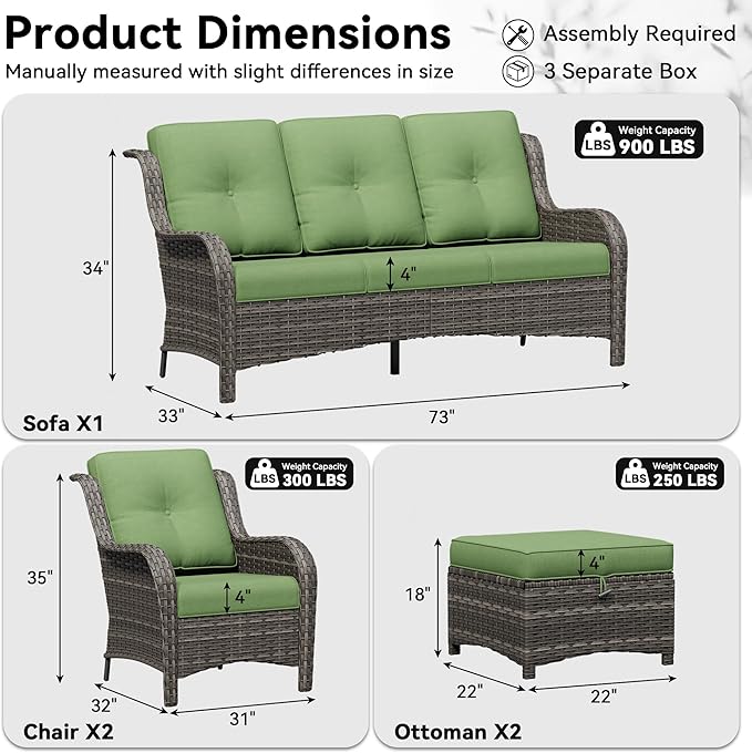 5 Piece Outdoor Wicker Patio Furniture Set, Patio Chairs Set with Thickened Olefin Cushions, High Back and Deep Seating, Hand-Woven PE Rattan, Ottoman for Porch, Deck