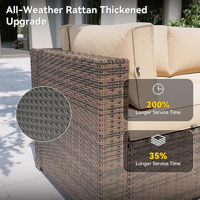 Aoxun Patio Furniture Set with Umbrella, 8 Piece Outdoor Sectional Sofas, Wicker Outdoor Furniture with Thickened Cushion for Backyard, Garden (Brown Rattan Beige Cushions)