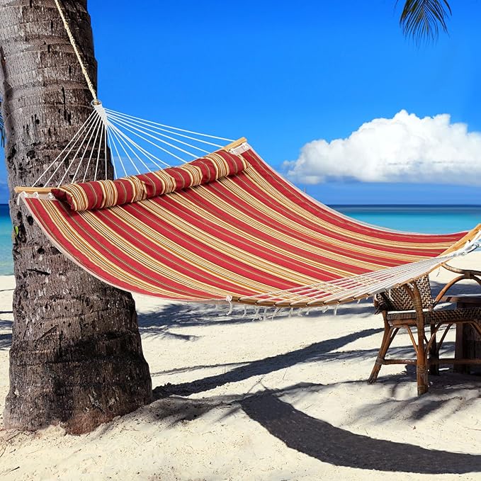 Happygrill Outdoor Hammock with Detachable Pillow, Curved Bamboo Spreader Bars and Hand-Woven Ropes, 2 Person Hammock