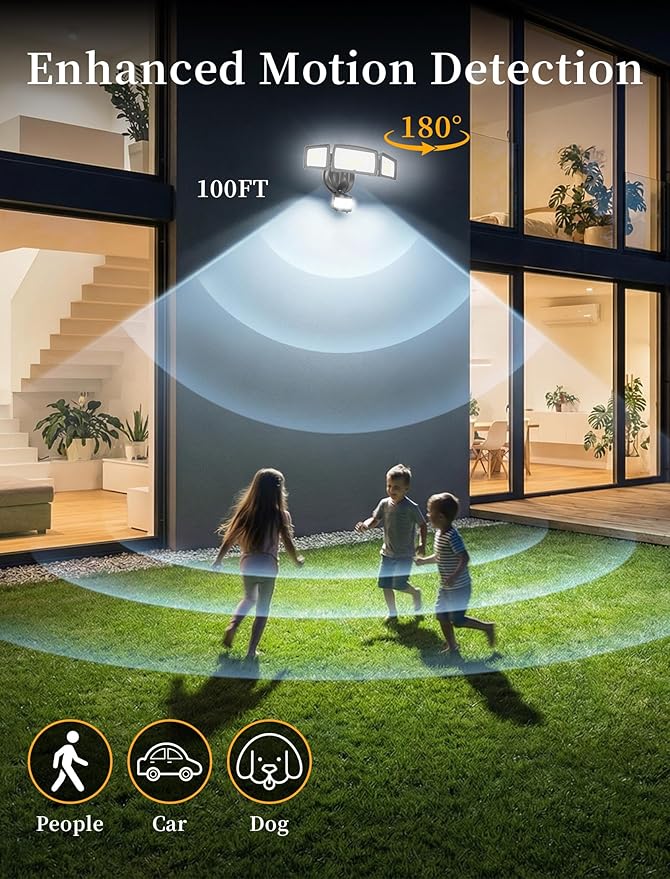 100W 11000LM Security Lights Outdoor with Remote Control, 6500K Daylight LED Flood Light, IP66 Waterproof, Dusk to Dawn Outdoor Lighting, 3 Head Motion Detected Outdoor Lights for Garage, Yard