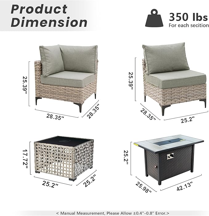 Outdoor Patio Furniture Sets,6 PCS Patio Conversation Set Outside Rattan Sectional Sofa with 42 in Fire Pit Table&Coffee Table Fit Backyard Porch Garden Poolside Balcony