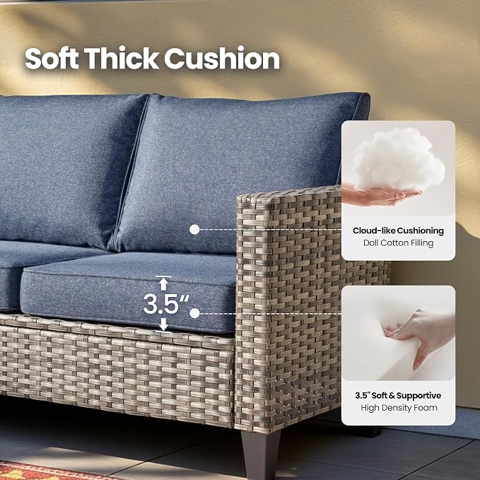 5 Piece Wicker Patio Furniture with Swivel Rocker Chair,Denim Blue | High Back Swivel Rocker Chairs, All Weather Rattan Outdoor Sofa, Solar Lights Table, Modern Conversation Sets, Deck Backyard