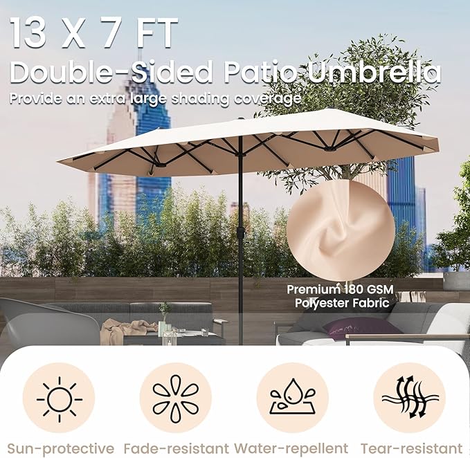 Tangkula 13 FT Large Patio Umbrella, Outdoor Double-Sided Table Market Umbrella w/Crank Handle, 12 Heavy-Duty Ribs, Sun-Protective Rectangular Twin Parasol for Garden Deck Lawn Poolside (Beige)