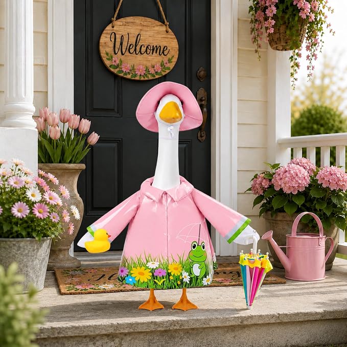GJL Porch Goose Raincoat Outfit Fits 23 Inch Plastic Cement Goose Statue, Lawn Goose Clothes Set with Umbrella and Hat for Spring Summer Outdoor Yard Garden Decor (Pink-01)