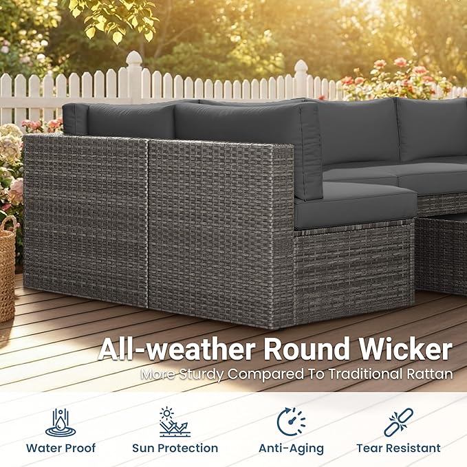May in Color 7 Pieces Wicker Outdoor Patio Furniture Set, Patio Sectional Sofa with Coffee Table, All-Weather Outdoor Sectional Furniture for Garden Backyard, Grey