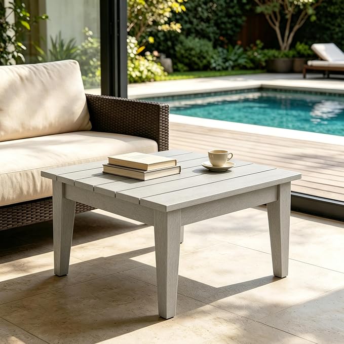 WestinTrends Ashore Outdoor Coffee Table, 32 Inch All Weather Poly Lumber Adirondack Patio Coffee Table Square Low Table, Sand