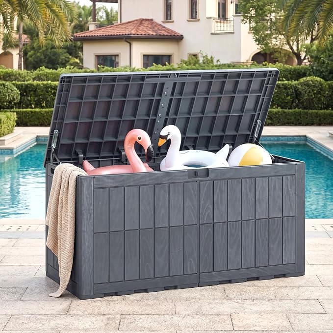 HAPPYGRILL 120 Gal Outdoor Deck Box, Lockable Storage Bin with Lid and Handles, Waterproof and Sun-Protective Patio Bench and Storage Box for Garden Tools Pool Supplies (Gray, 120Gallon)