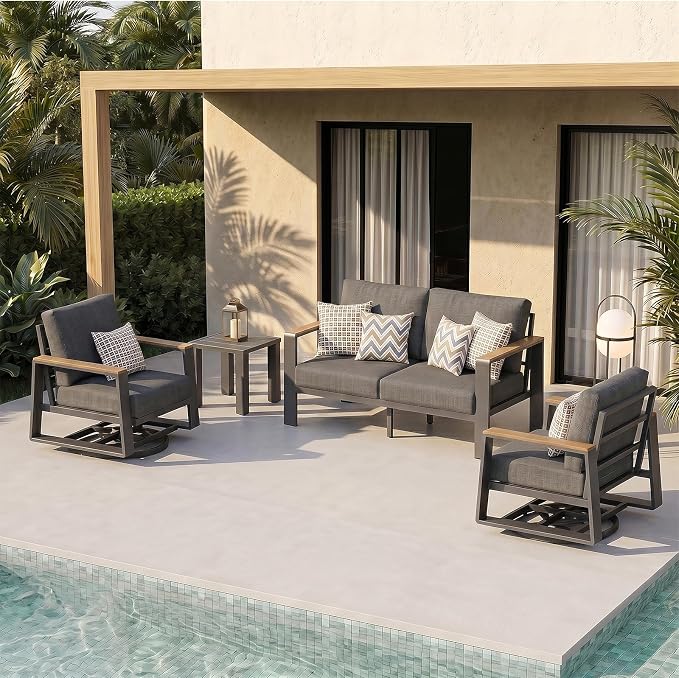 Aluminum Outdoor Patio Furniture Set, 4-Piece Patio Conversation Set with 5" Thick Cushions, Aluminum 360-Degree Large Outdoor Furntiure Set with Side Table and Loveseat, Graphite