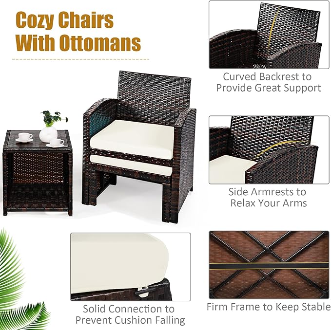 Tangkula 5 Pieces Wicker Patio Conversation Set, PE Rattan Outdoor Chairs & Ottomans Set with Single-Door Storage Coffee Table, Space-Saving Patio Furniture for Poolside, Backyard, Lawn, Deck (White)