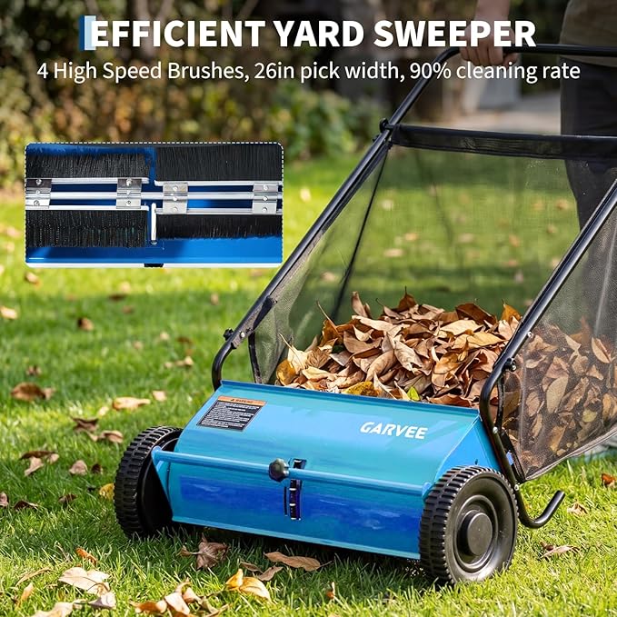 Push Lawn Sweeper 26Inch-Heavy Duty Walk Behind Leaf Collector and Yard Sweeper for Outdoor,Patio,Driveway,Garden Grass Sweepers,4 High Speed Spinning Brush,7 Cu. ft. Hopper Capacity
