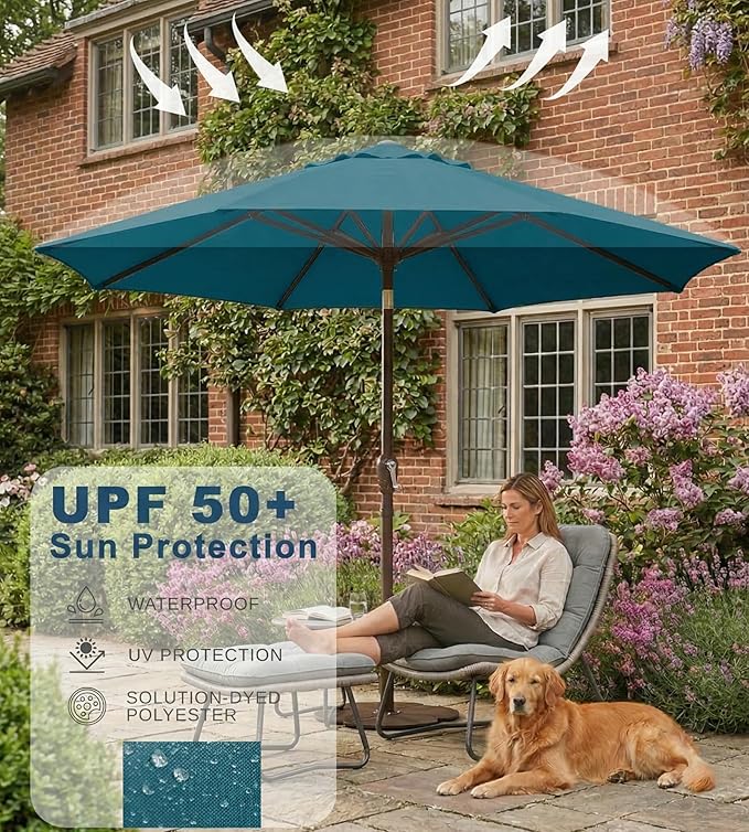 PatioKingdom 9FT Patio Outdoor Umbrella-UPF 50+ Sun Shade with Wind Vent, Push-Button Tilt & Smooth Crank Lift, Rust-Resistant Fiberglass Frame for Garden, Backyard,Yard (Lake Blue)