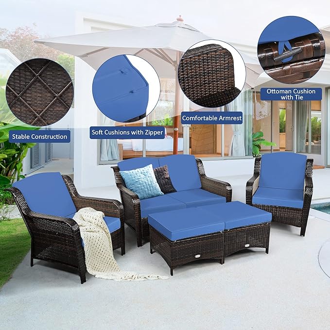 Tangkula 5 Pieces Patio Furniture Set, Outdoor Rattan Conversation Sofa Set with Loveseat, Single Sofas and Ottoman, Sectional Sofa Set with Removable Cushions for Porch, Backyard, Balcony, Lawn