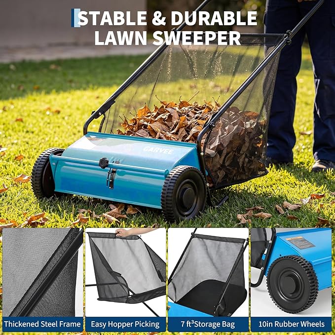 Push Lawn Sweeper 26Inch-Heavy Duty Walk Behind Leaf Collector and Yard Sweeper for Outdoor,Patio,Driveway,Garden Grass Sweepers,4 High Speed Spinning Brush,7 Cu. ft. Hopper Capacity
